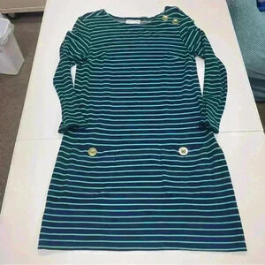 Sail to Sable Navy Blue Green Striped Long Sleeve Dress Gold Buttons Sz S EUC